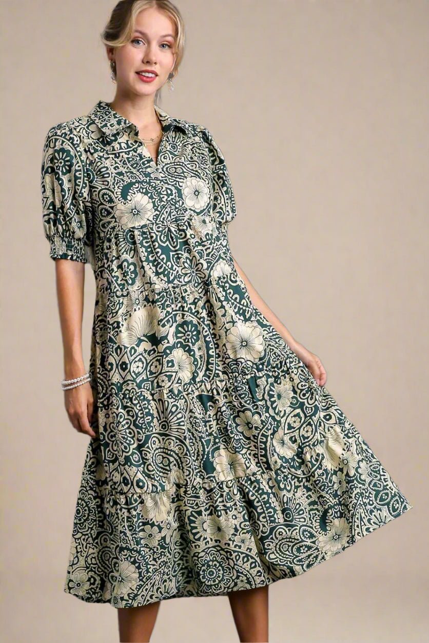 UMGEE Peacock Blue Boho Floral Print Puff Sleeve Tiered Midi Dress – Beach  Rose Co.