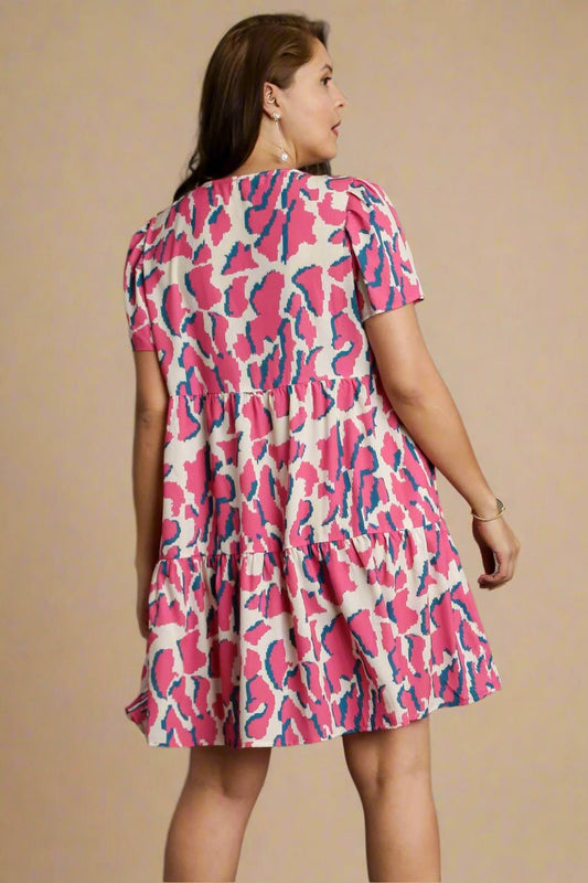 UMGEE - Pink & Cream Print Short Sleeve V - Neck Mini Dress