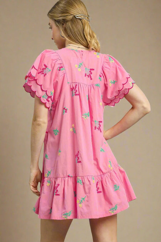 UMGEE - Pink Embroidered Short Sleeve Ruffle Hem Mini Dress