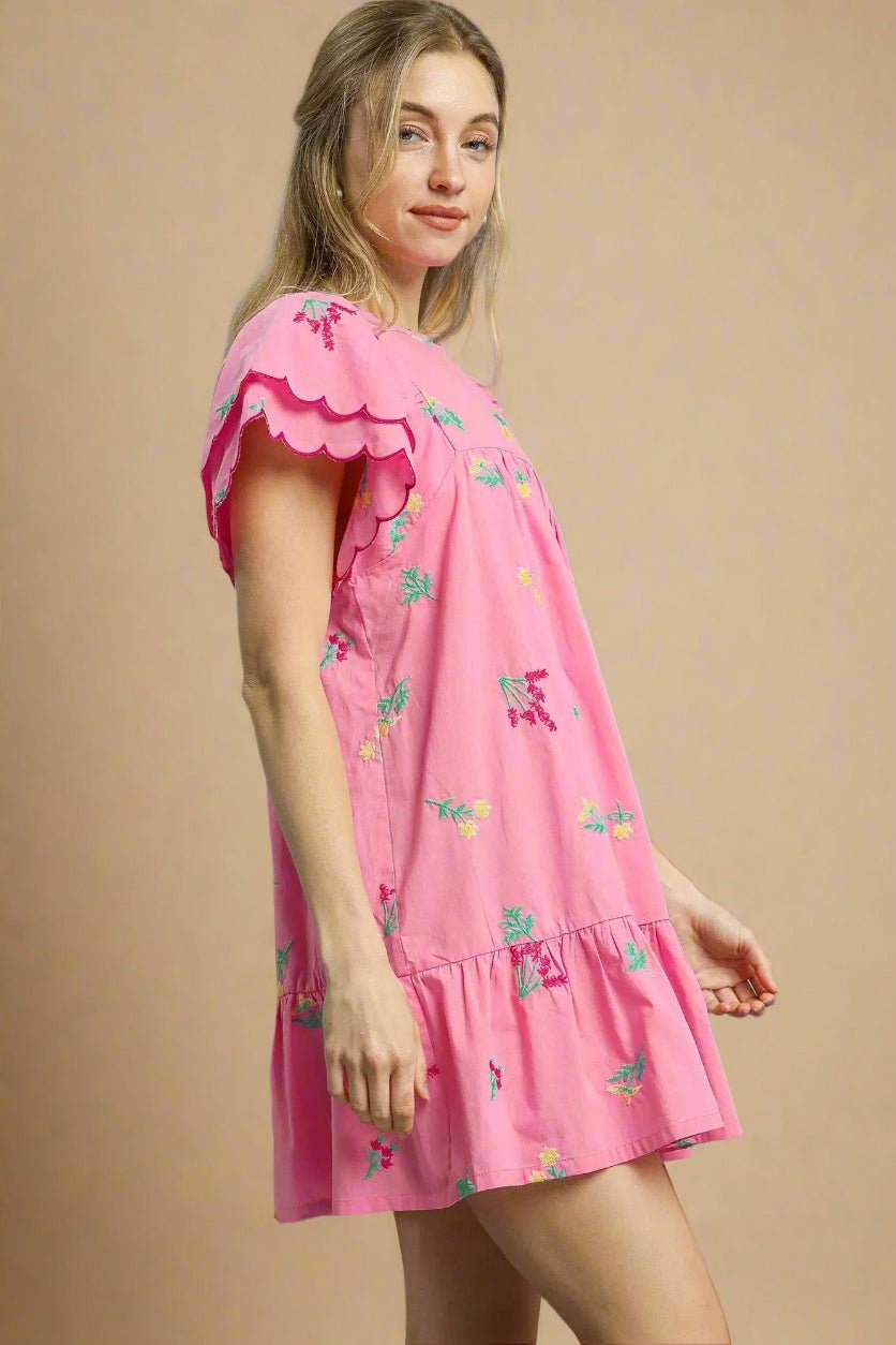 UMGEE - Pink Embroidered Short Sleeve Ruffle Hem Mini Dress