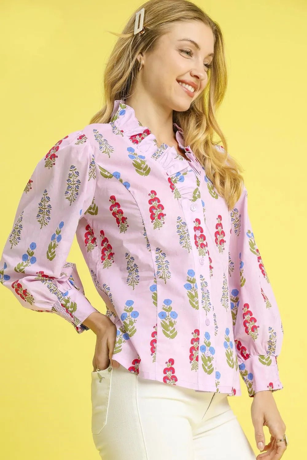 UMGEE - Pink Floral Print Ruffle Trim Button Down Blouse
