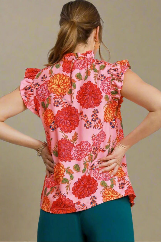 UMGEE - Pink Floral Ruffle Neck Sleeveless Top