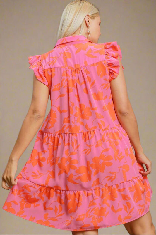 UMGEE - Pink - Orange Floral Print Ruffle Cap Sleeve Tiered Mini Dress