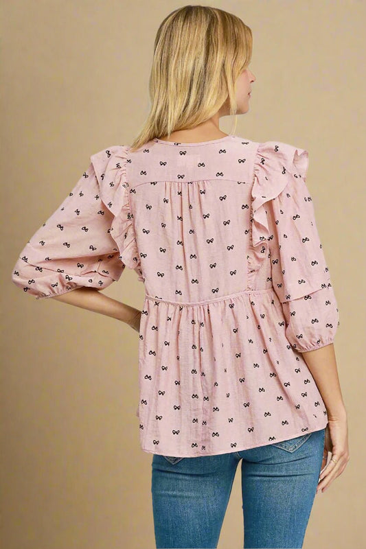UMGEE - Pink Ruffle Bow Print Peasant Top