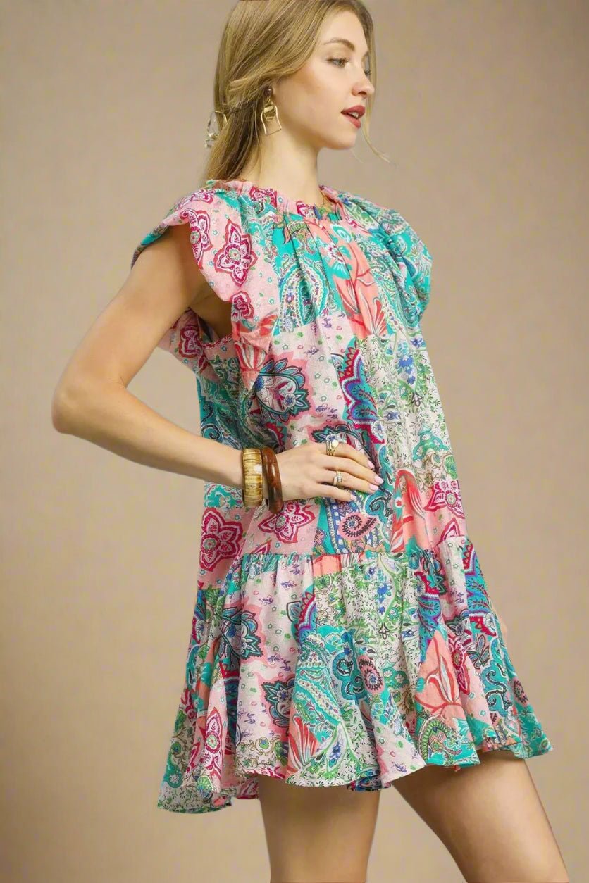 UMGEE - Pink & Teal Paisley Patchwork Ruffle Hem Mini Dress