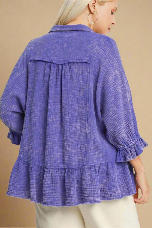 UMGEE - Plus Size Wisteria Gauze Peplum Button Blouse