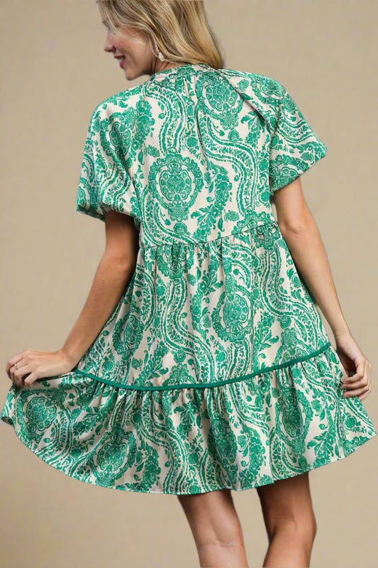 UMGEE - Printed Puff Sleeve Mini Dress in Teal