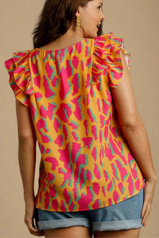 UMGEE - Printed V - Neck Ruffled Sleeve Blouse in Tangerine