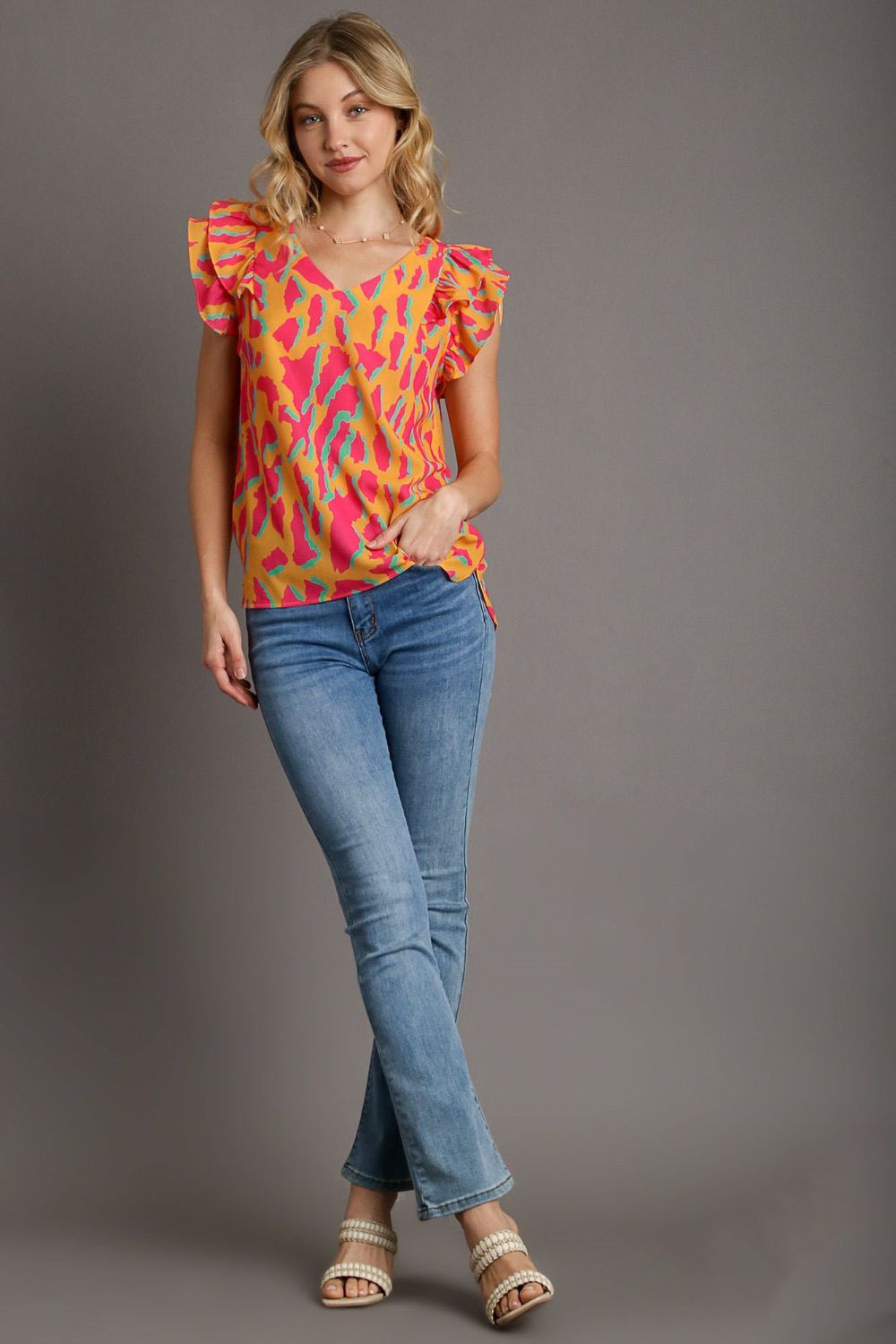 UMGEE - Printed V - Neck Ruffled Sleeve Blouse in Tangerine