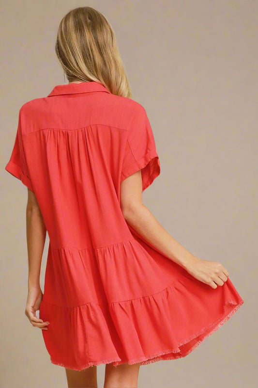 UMGEE - Raw Hem Short Sleeve Tiered Mini Dress in Strawberry