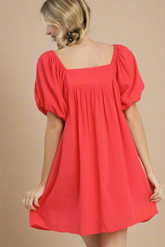 UMGEE - Red Pleated Puff Sleeve Babydoll Dress