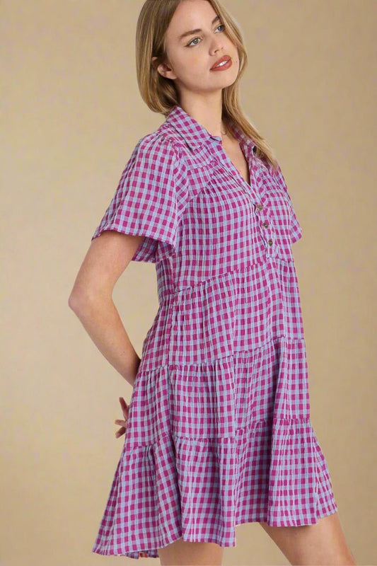 UMGEE - Red - Violet Gingham Plaid Short Sleeve Mini Dress