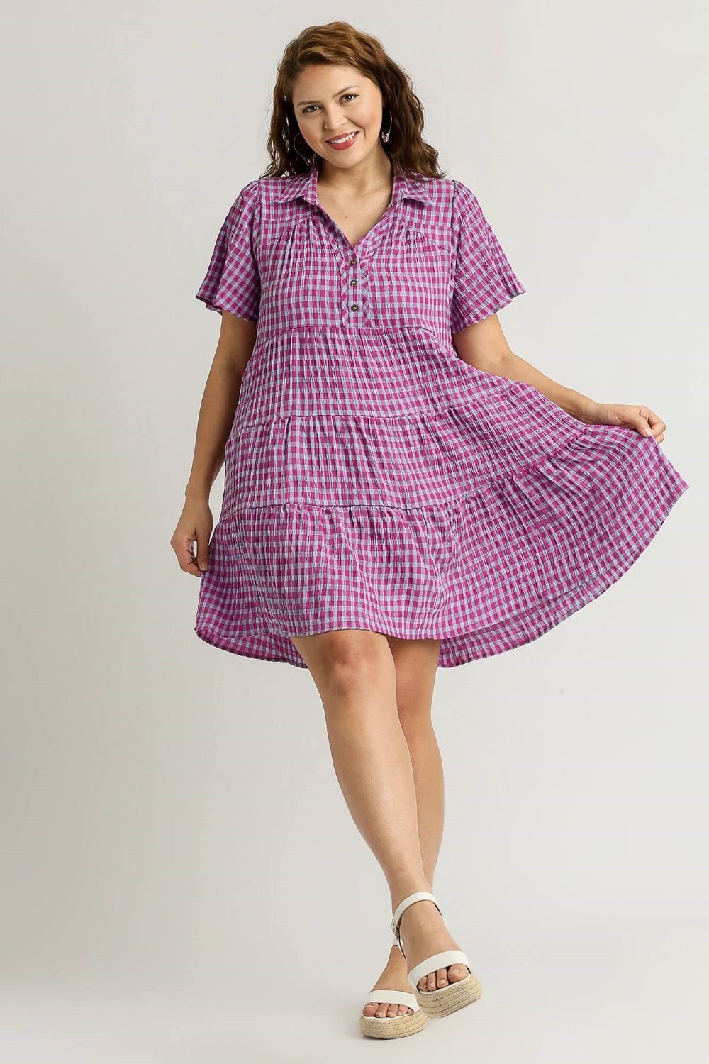 UMGEE - Red - Violet Gingham Plaid Short Sleeve Mini Dress