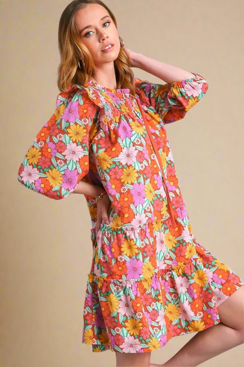 UMGEE - Retro Floral Smocked Mini Dress in Tangerine Mix