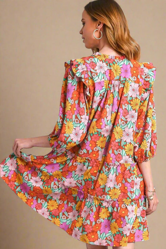 UMGEE - Retro Floral Smocked Mini Dress in Tangerine Mix