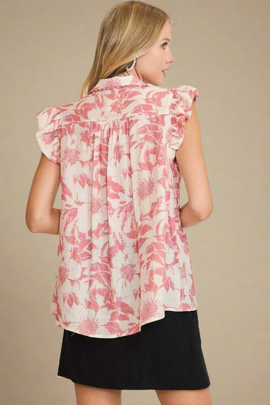 UMGEE - Rose Blush Floral Ruffle Sleeve Top