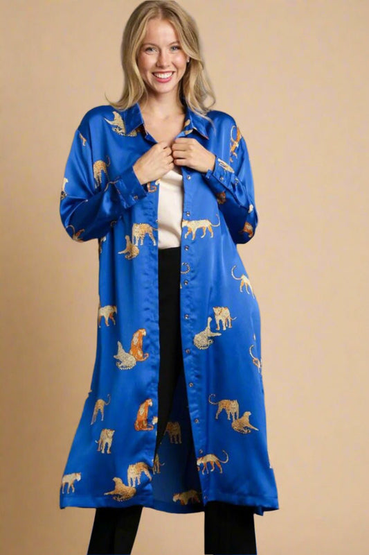 UMGEE - Royal Blue Satin Leopard Midi Shirt Dress