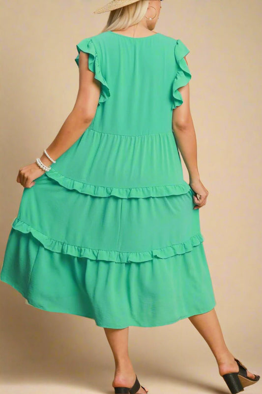 UMGEE - Ruffle Cap Sleeve Midi Dress in Emerald