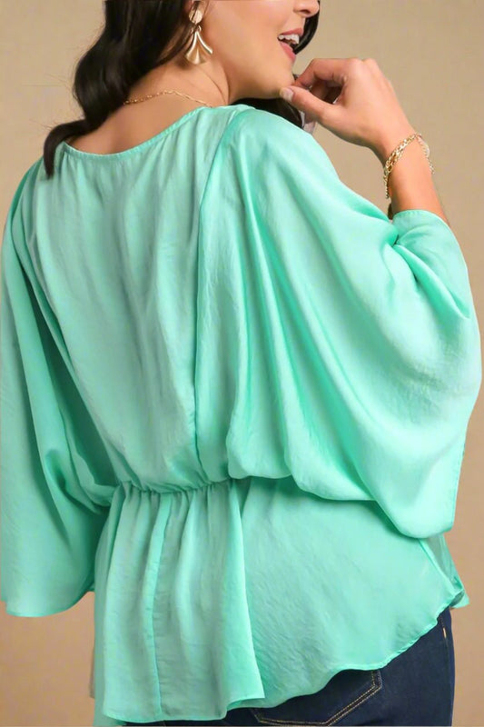 UMGEE - Satin Flutter Peplum Top in Seafoam