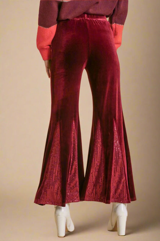 UMGEE - Sequined Velvet Stretch Flare Pants in Burgundy