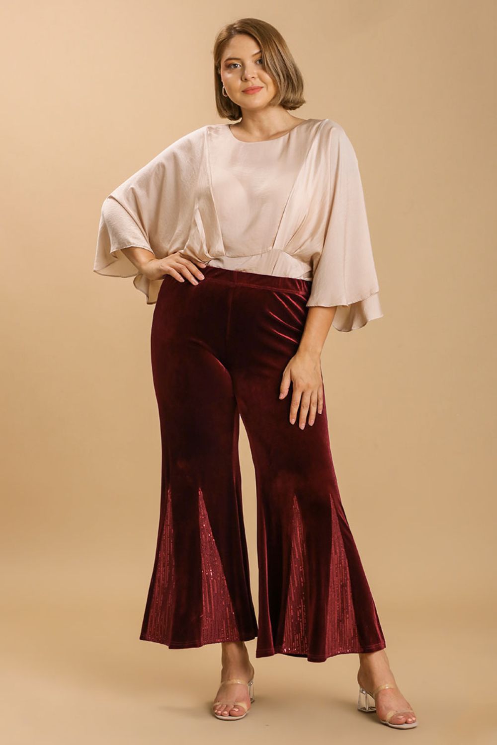 UMGEE - Sequined Velvet Stretch Flare Pants in Burgundy