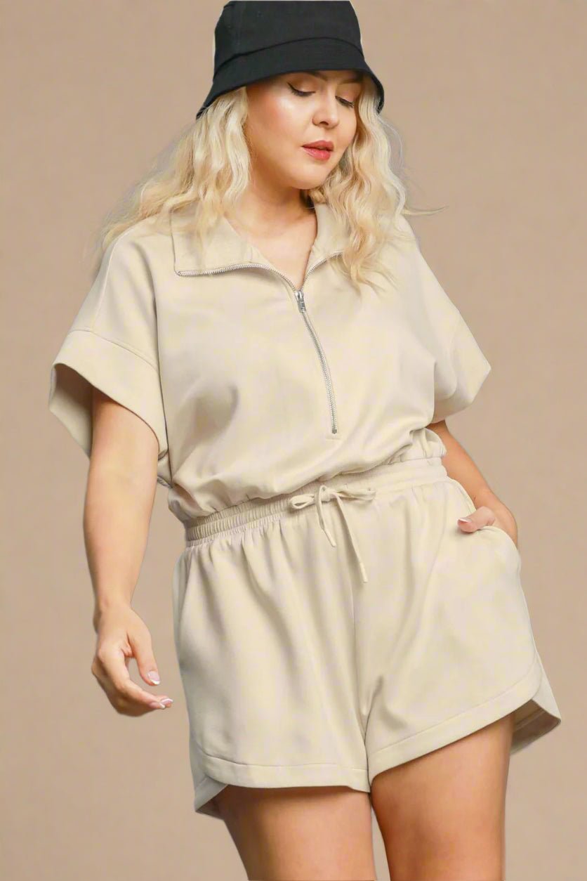 UMGEE - Short Sleeve Zip Front Romper in Ecru