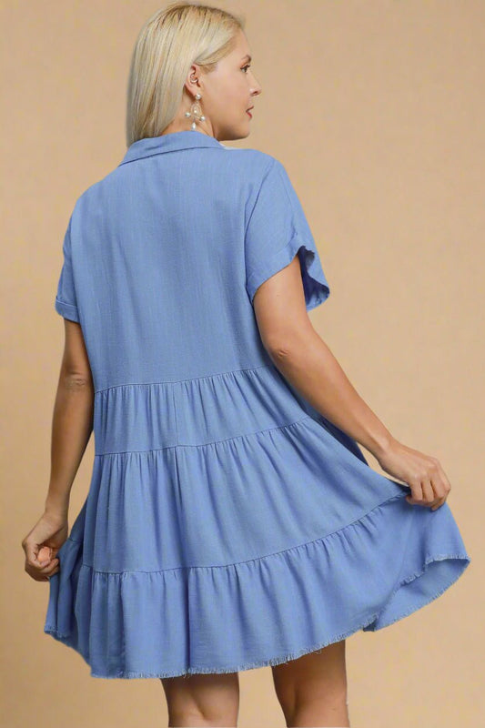 UMGEE - Sky Blue Raw Hem Short Sleeve Tiered Mini Dress