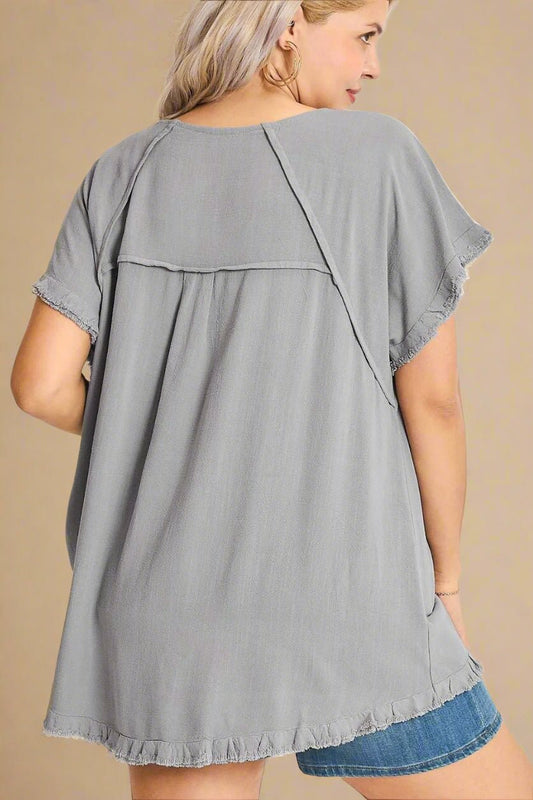 UMGEE - Slate Gray Frayed Hem Raglan Top