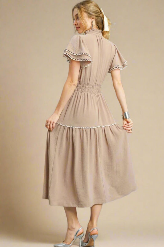 UMGEE - Taupe Smocked Waist Midi Dress with Crochet Trim