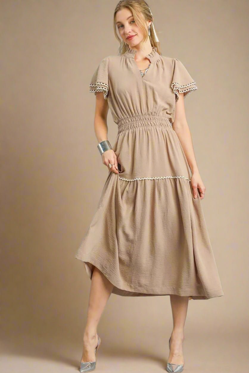 UMGEE Taupe Smocked Waist Midi Dress with Crochet Trim  Beach Rose Co.
