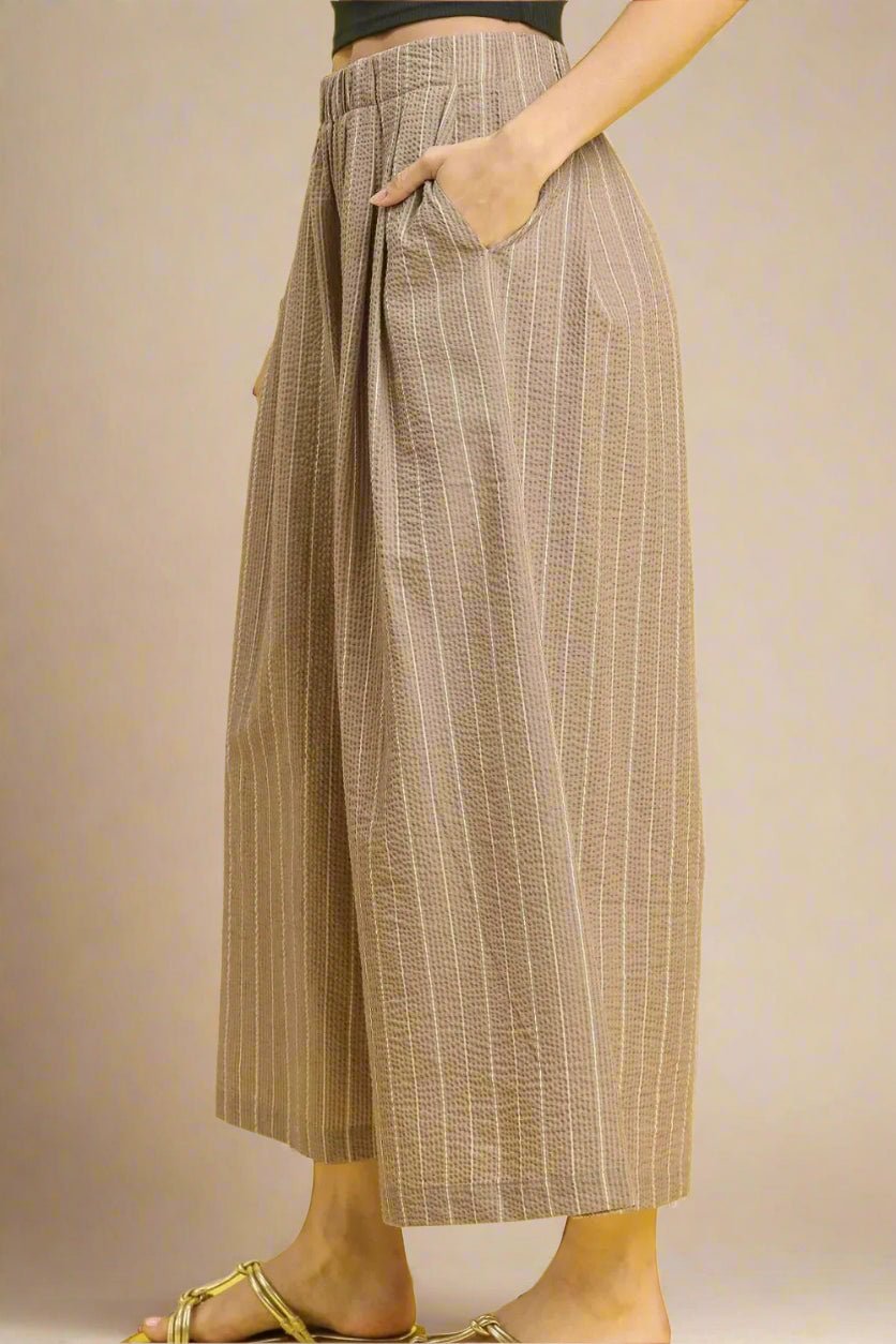 UMGEE - Taupe Striped Wide Leg Pants with Pockets