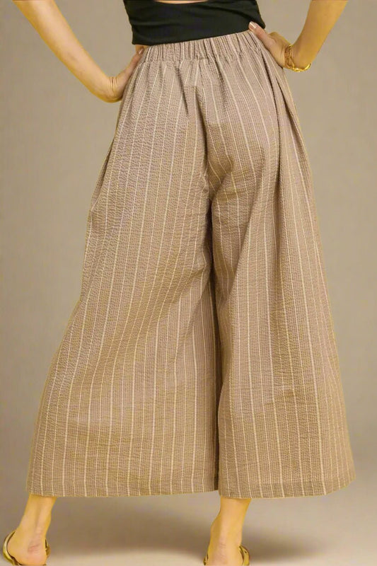UMGEE - Taupe Striped Wide Leg Pants with Pockets
