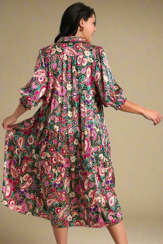 UMGEE - Teal Green Paisley Print Tiered Satin Midi Dress