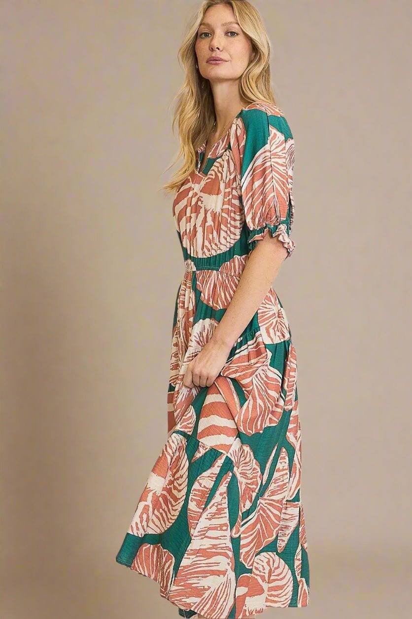UMGEE - Teal Shell Print Puff Sleeve Midi Dress