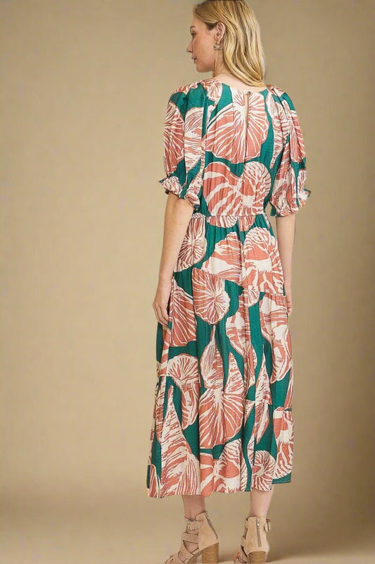UMGEE - Teal Shell Print Puff Sleeve Midi Dress