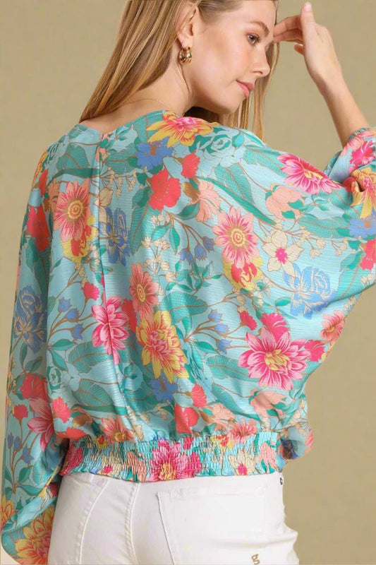 UMGEE - Tropical Floral V - Neck Blouse in Aqua Pink & Yellow