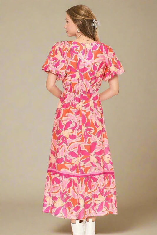 UMGEE - Tropical Sunset Puff Sleeve Midi Dress