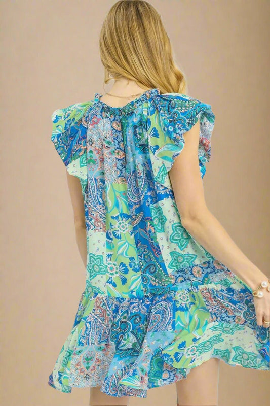 UMGEE - Turquoise & Aqua Paisley Patchwork Ruffle Hem Mini Dress