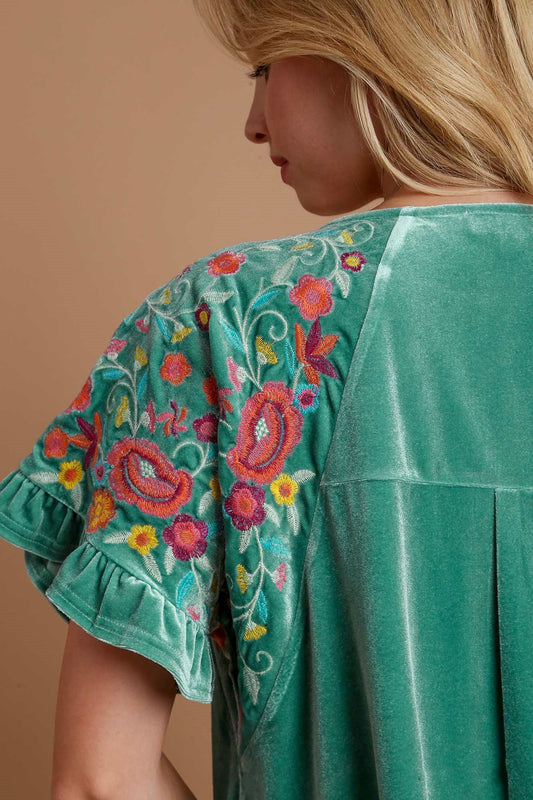 UMGEE - Velvet Embroidered Short Sleeve Blouse in Turquoise