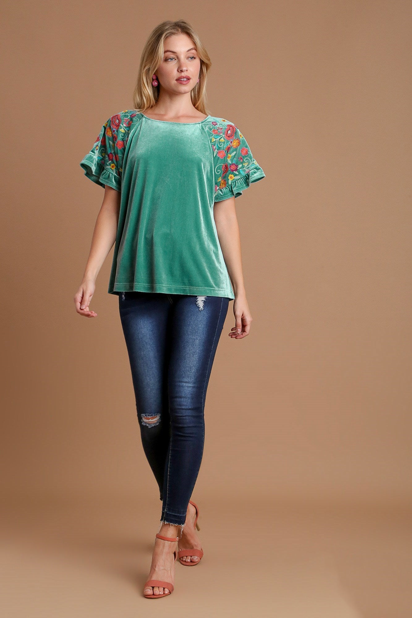 UMGEE - Velvet Embroidered Short Sleeve Blouse in Turquoise