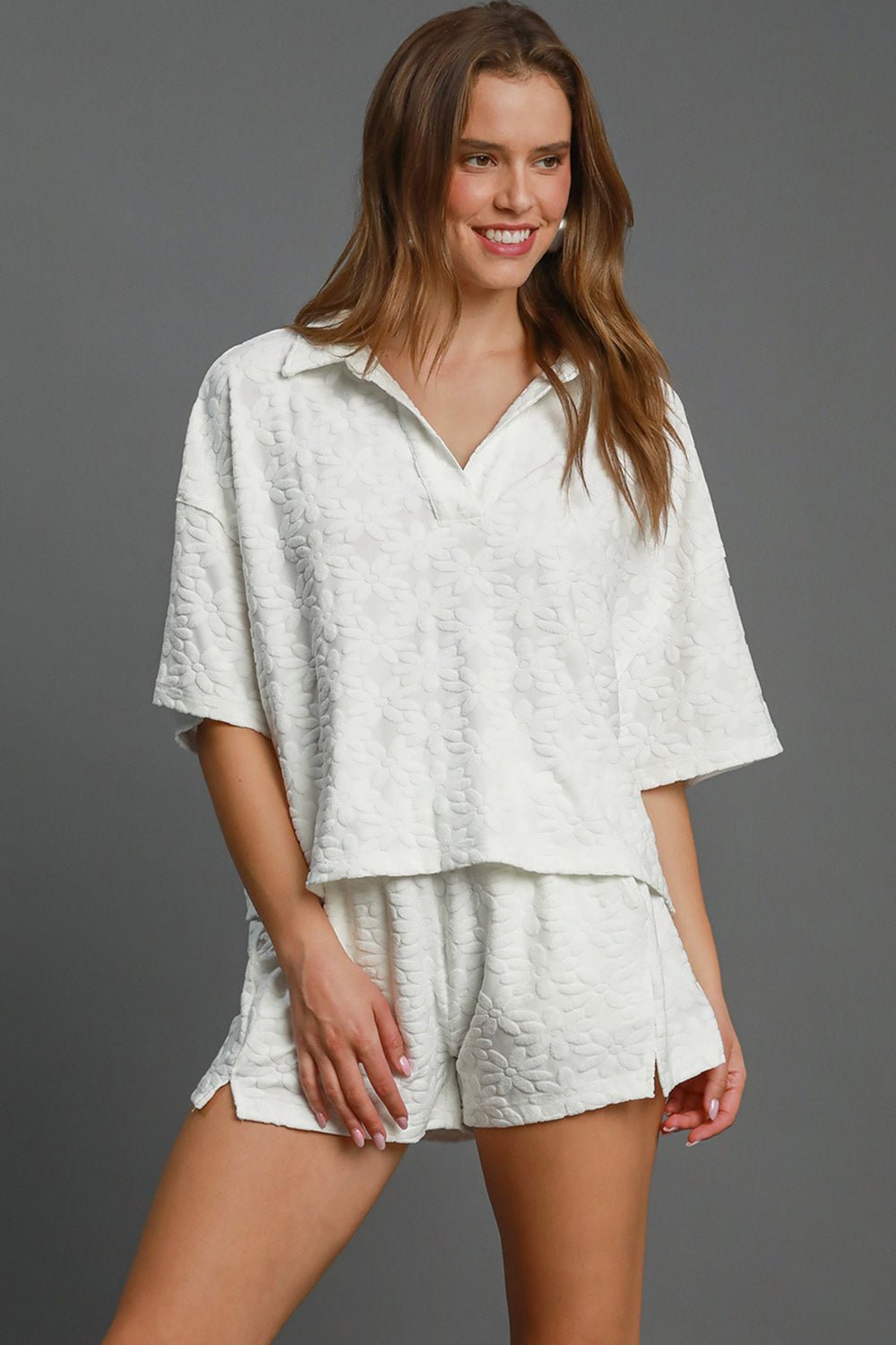 UMGEE - White Floral Jacquard Elastic Waist Shorts