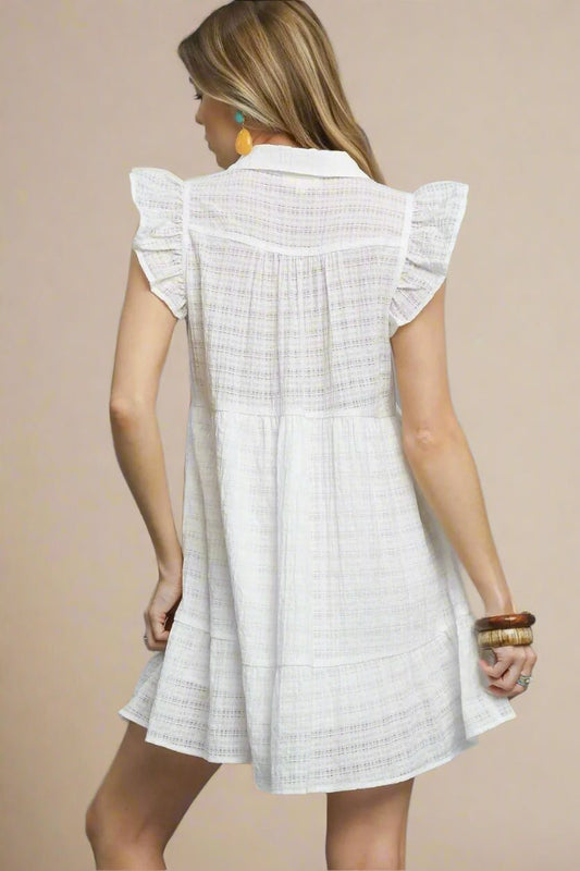 UMGEE - White Flutter Sleeve Collared Mini Dress