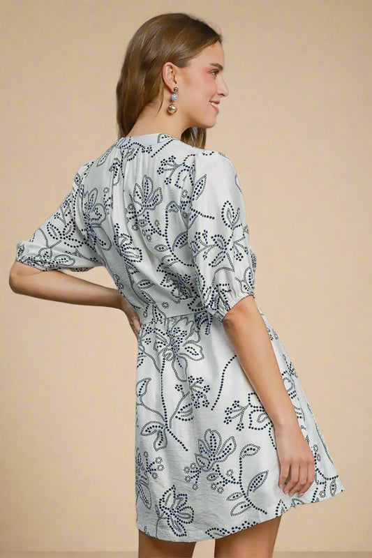 UMGEE - White & Navy Floral Tie Waist Mini Dress