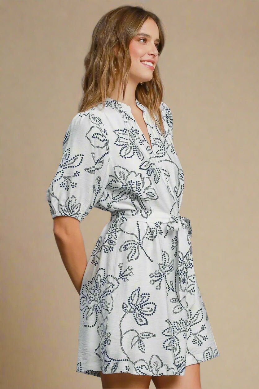 UMGEE - White & Navy Floral Tie Waist Mini Dress