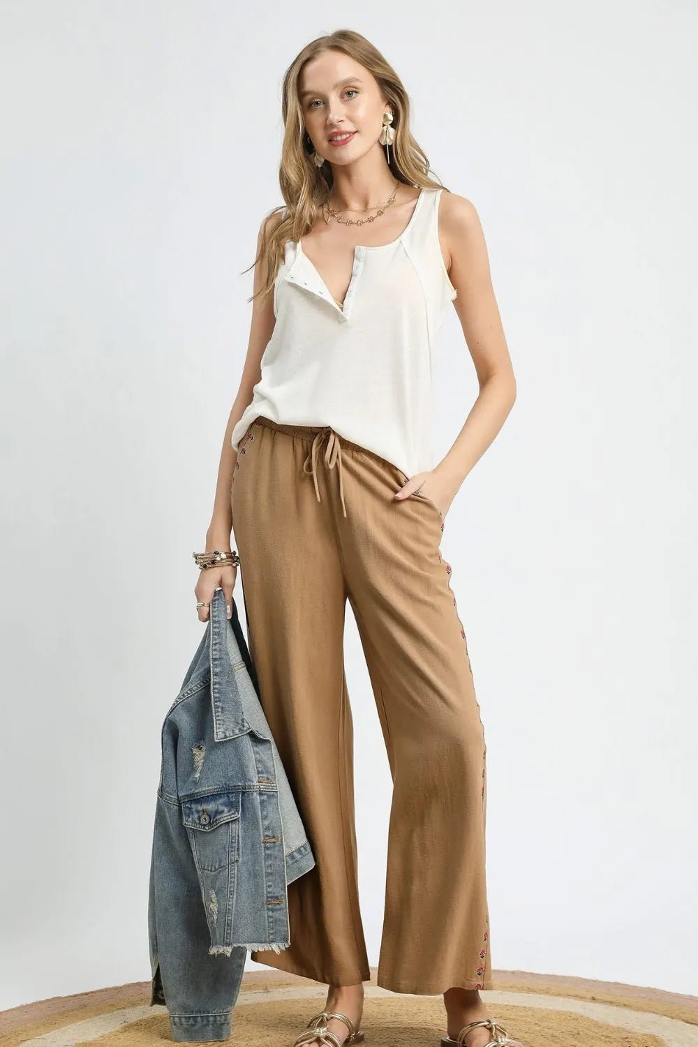 UMGEE - Wide Leg Drawstring Pants in Camel with Embroidered Trim