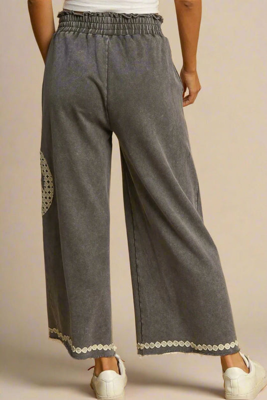 UMGEE - Wide Leg Washed Charcoal Pants with Lace Peace Patch