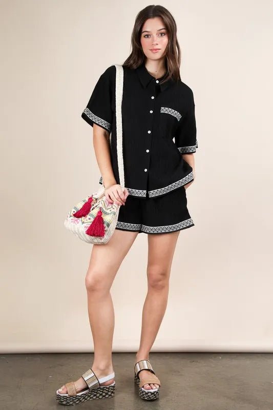 Very J - Black Embroidered Trim Button - Up Top & Shorts Set