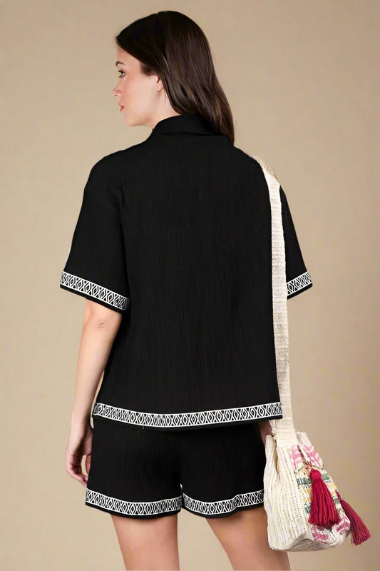 Very J - Black Embroidered Trim Button - Up Top & Shorts Set