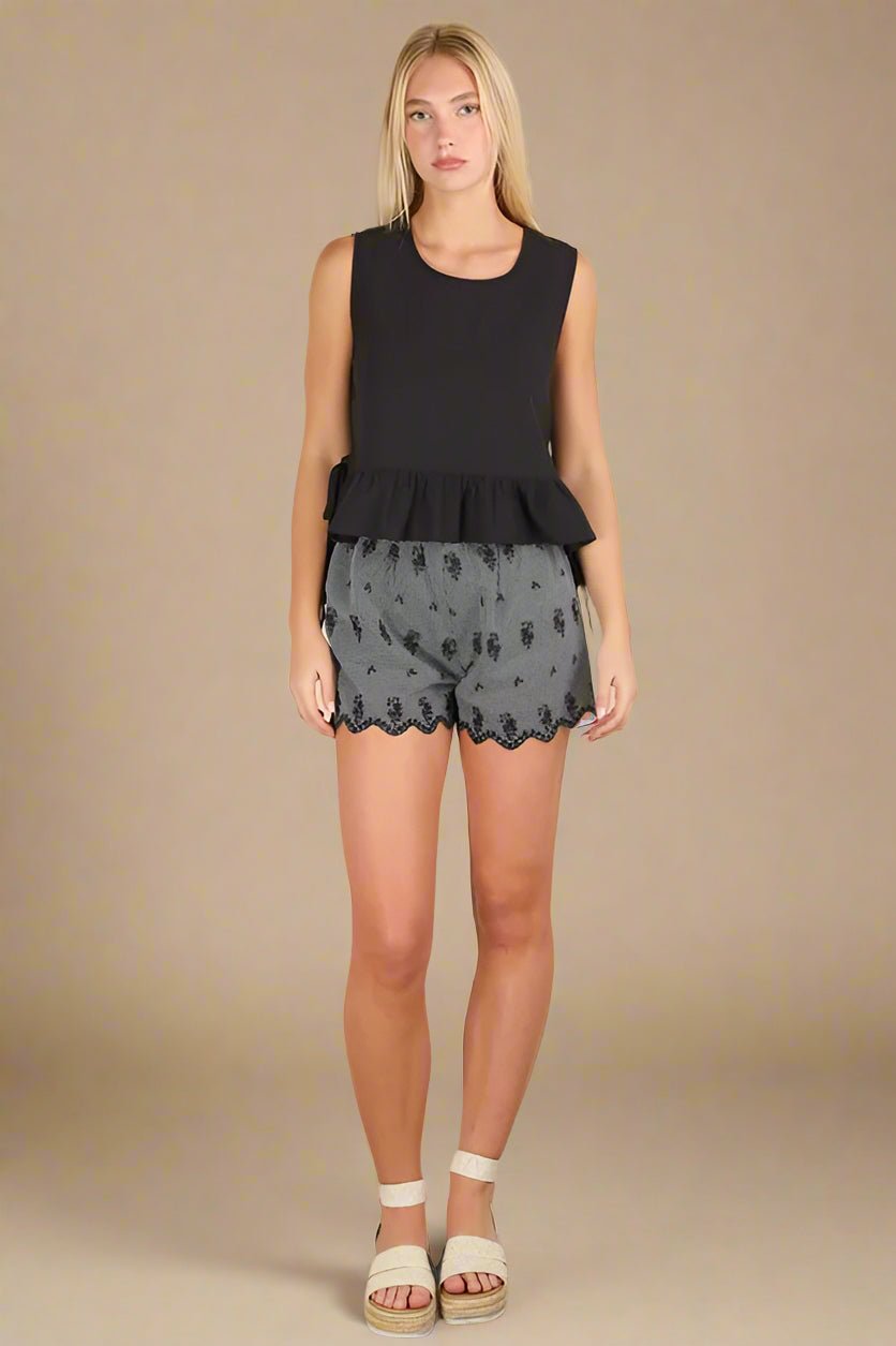 Very J - Black Sleeveless Ruffle Hem Top with Side Ties