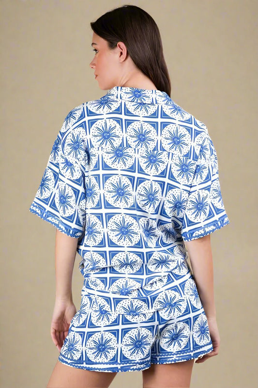 Very J - Blue Mosaic Button Down & Shorts Set